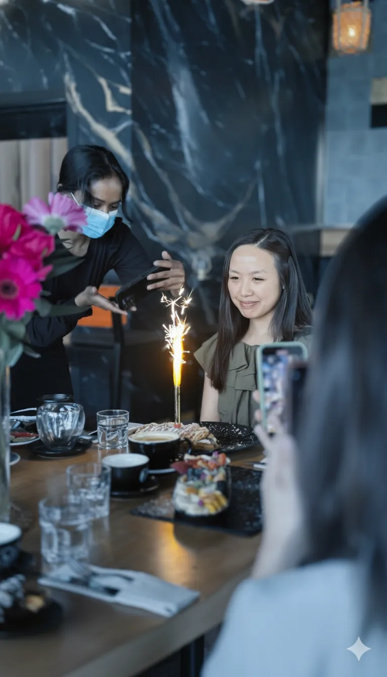 Woman sitting at a table smiling with a pastry and sparkler candle, another woman takes a photo wearing a mask.