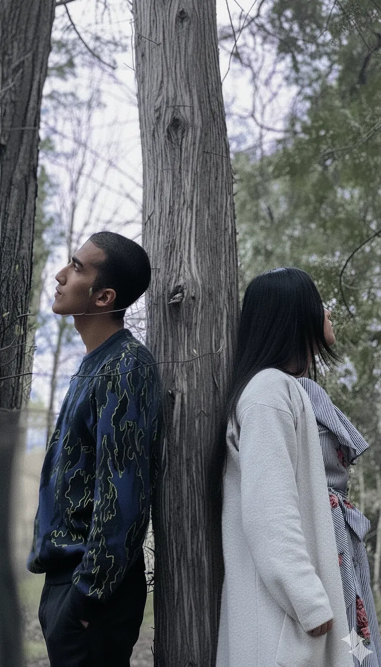 Man and woman standing back to back against a tree trunk in a forest setting.