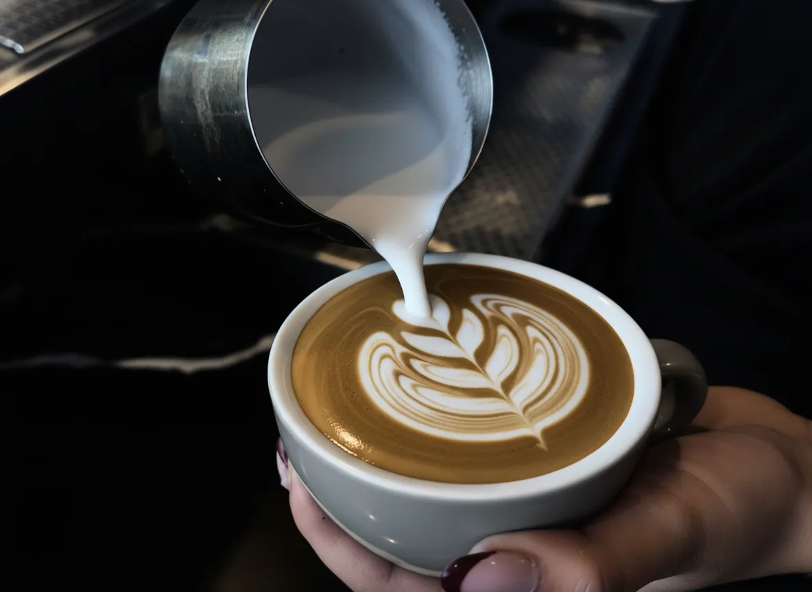White milk is being poured into a coffee cup creating latte art in a leaf pattern.