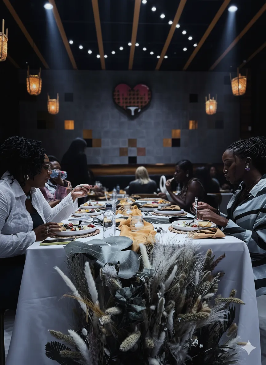 People seated around a long dining table with food in a dimly lit restaurant with hanging lights.