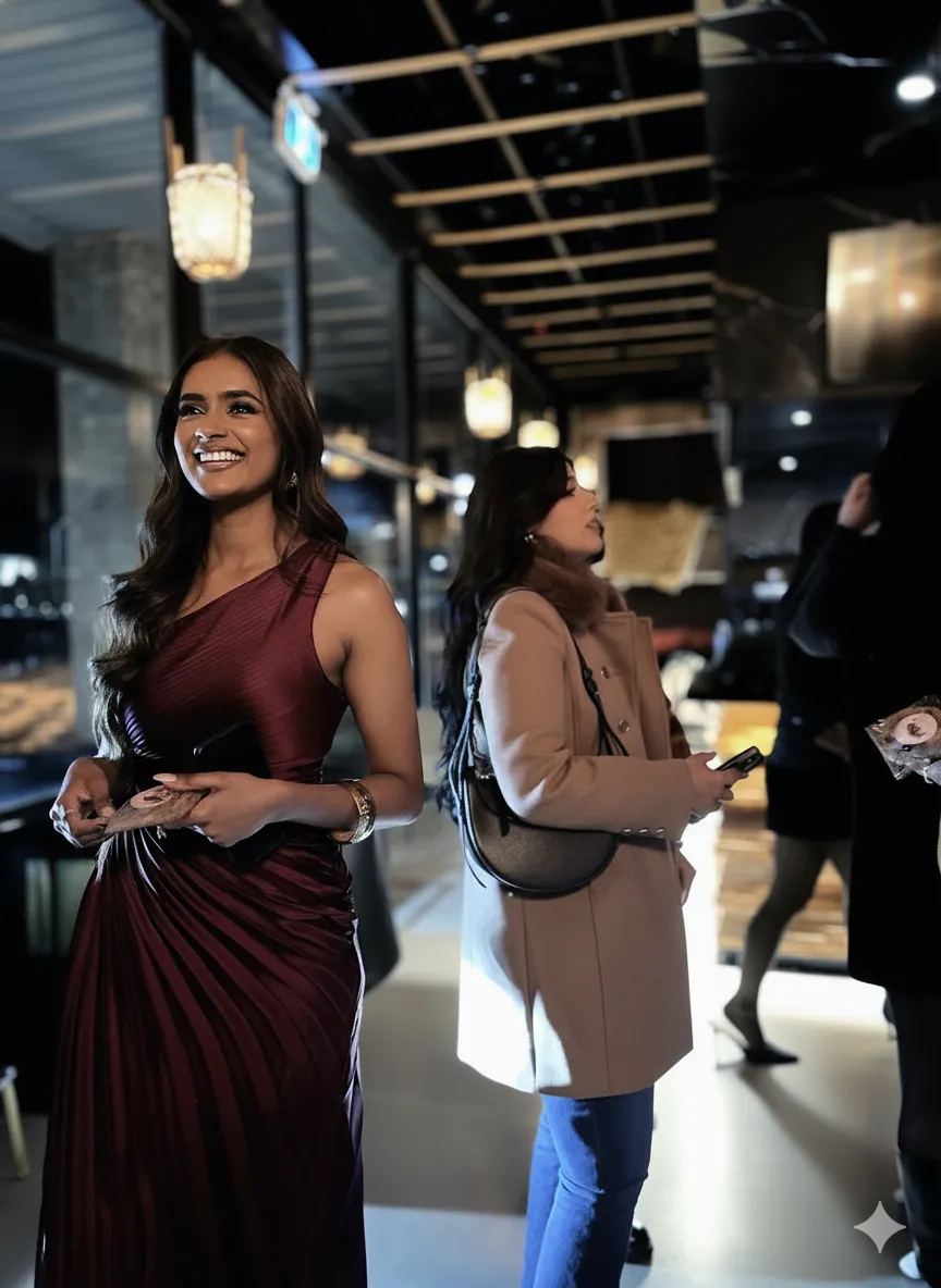 Smiling woman in a burgundy dress stands in a dimly lit modern venue with others nearby.