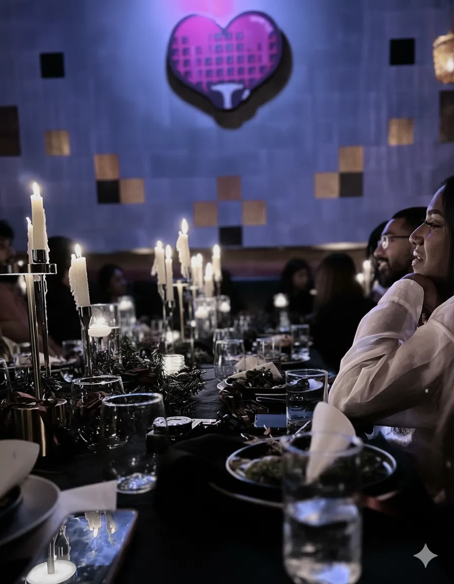 People dining at a candlelit table with a heart decoration on the wall in a dim restaurant.