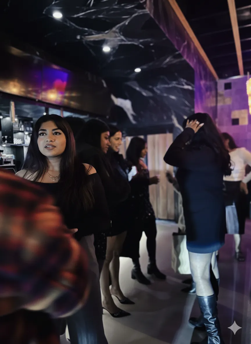 Group of women dressed in black socializing at a dimly lit indoor event.