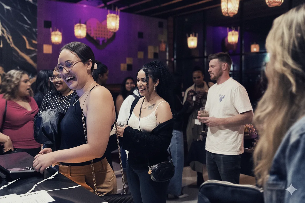 People smiling and socializing inside a dimly lit venue with purple lighting and hanging lamps.