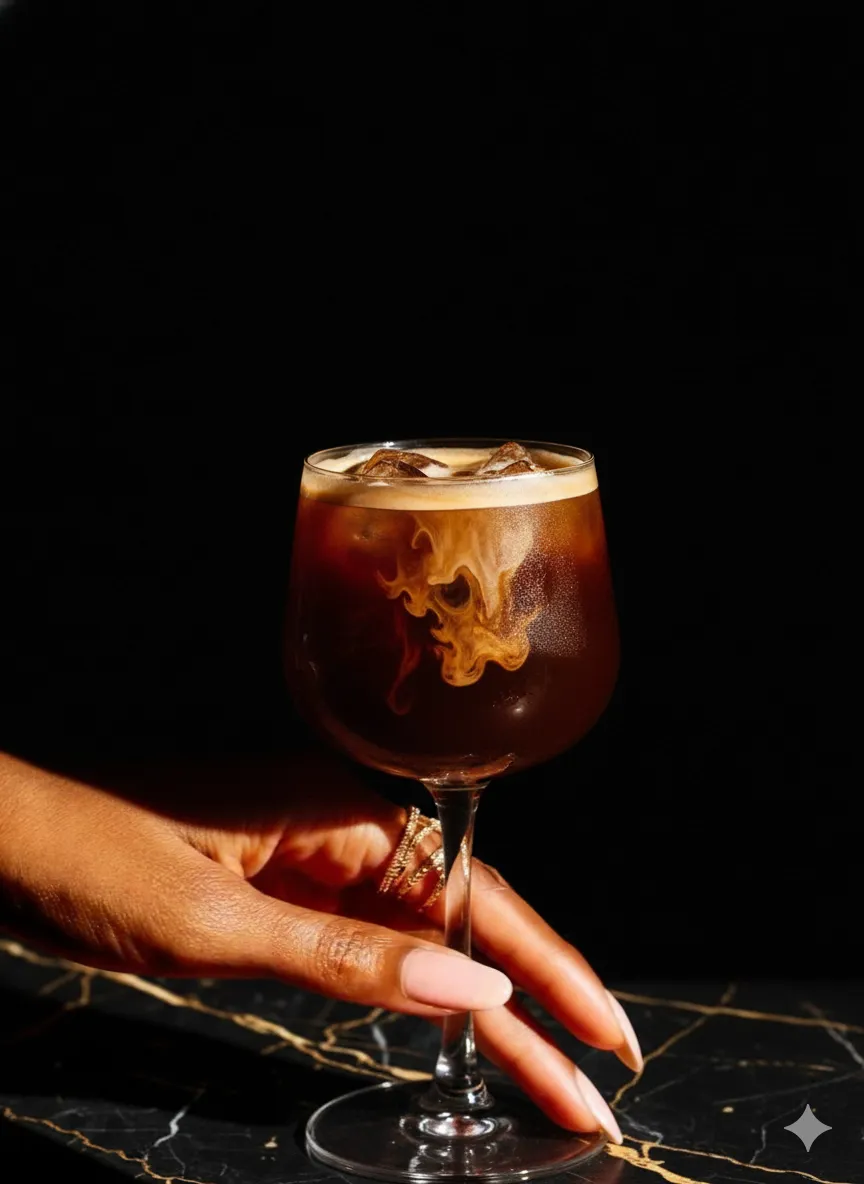 Hand with long nails holding a wine glass of iced coffee with cream swirling inside.