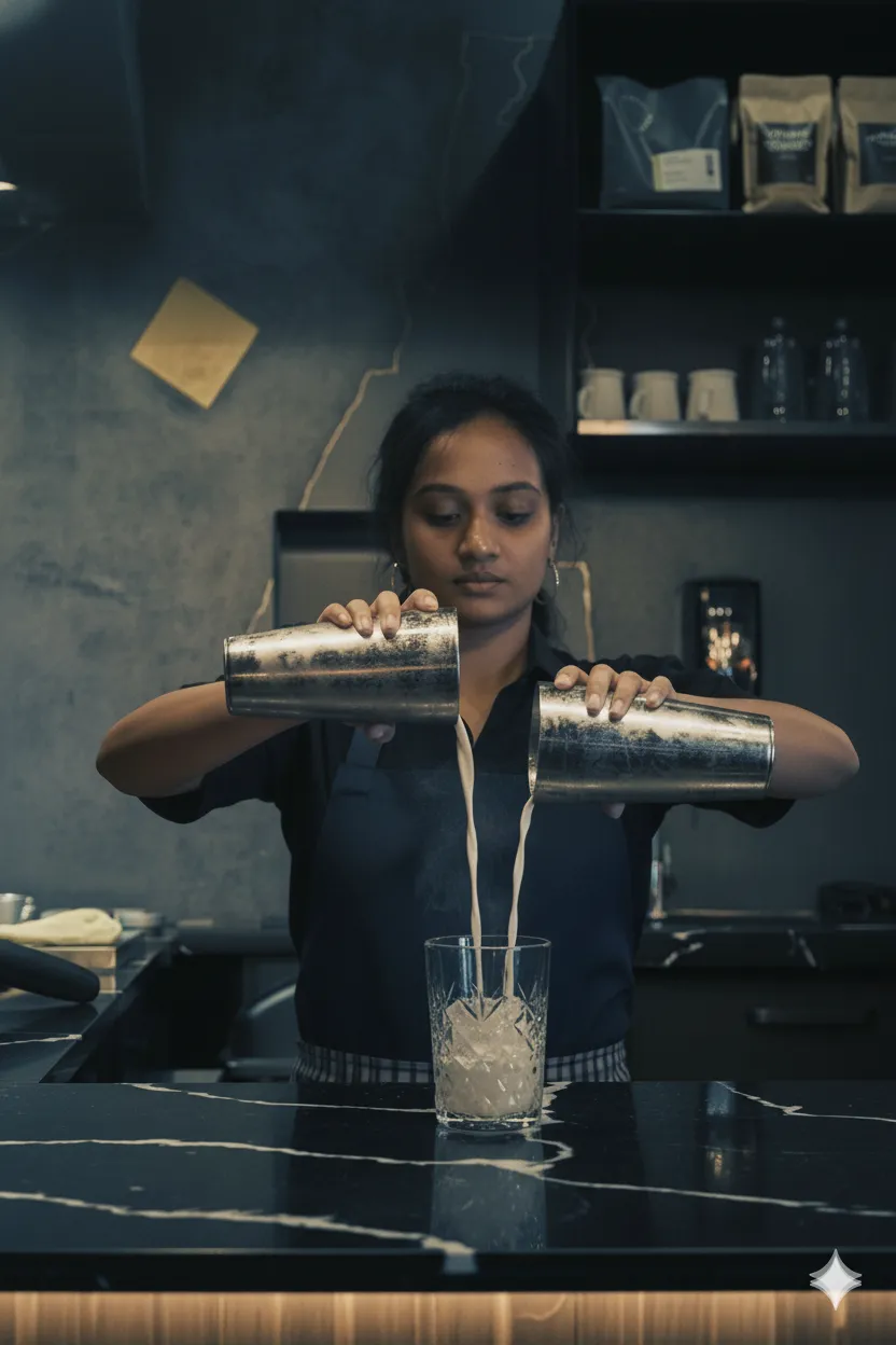 Barista pouring drink from two metal shakers into a glass with ice on a black counter.