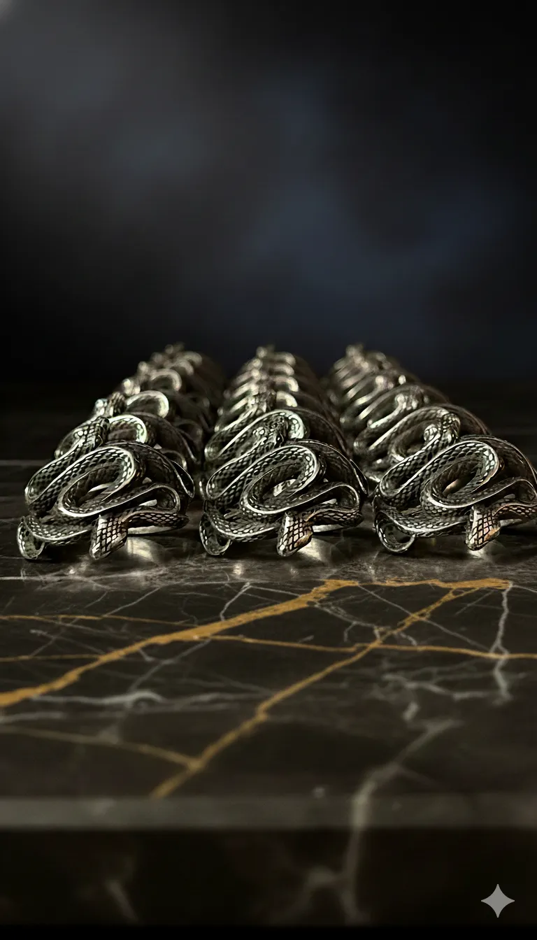 Rows of coiled silver snake-shaped rings on a dark marble surface with golden veins.