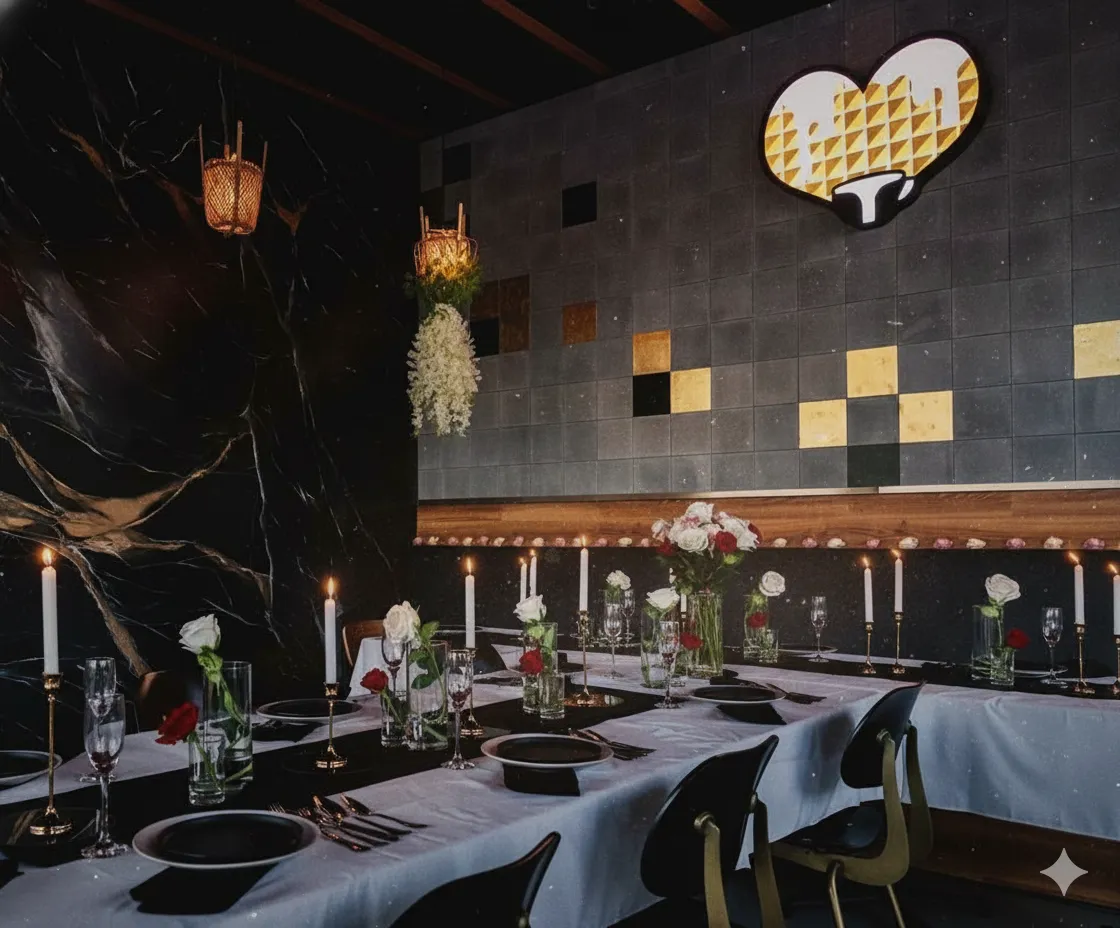 Elegant dining table set with white roses, red flowers, candles, and black plates in a dark room.