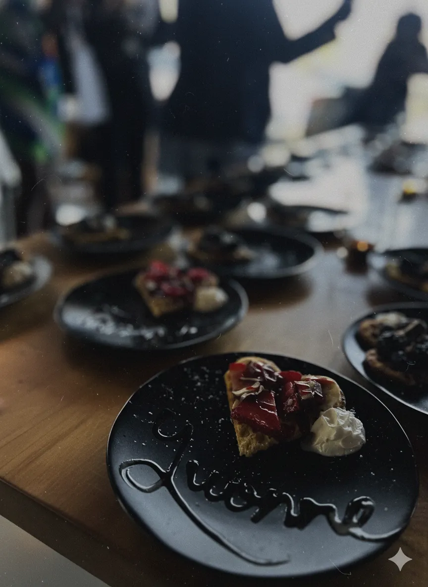 Black plate with dessert slice, cream, and 'Welcome' written in syrup on a wooden table.