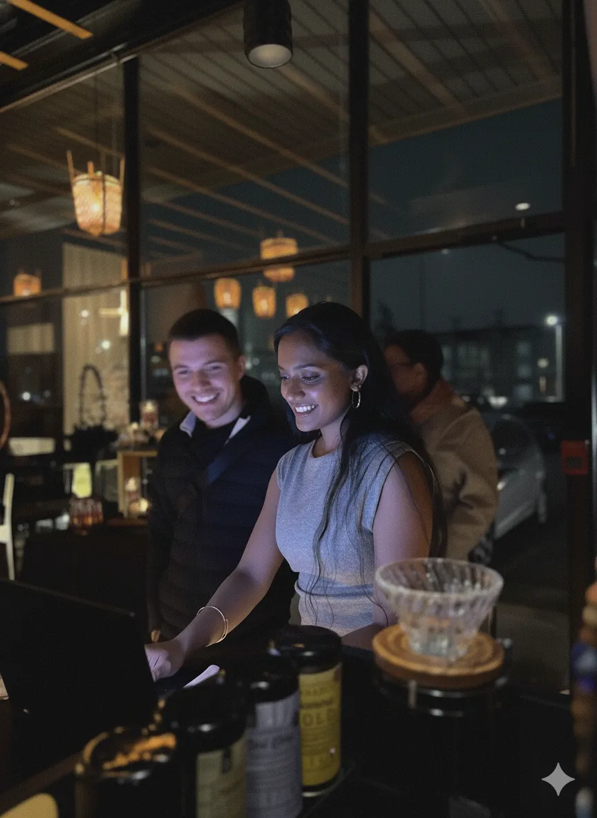 Two people smiling and looking at a laptop in a dimly lit cafe at night.