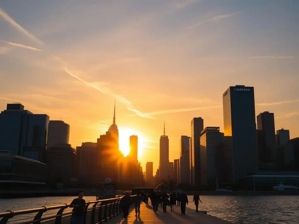 City skyline at sunset