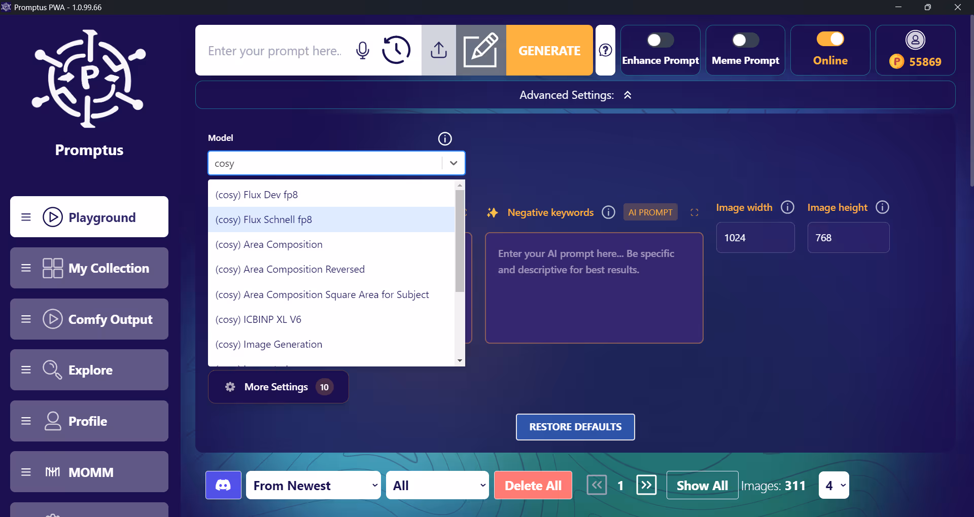 CosyFlows Interface Screenshot showing clean workflow selection and prompt input