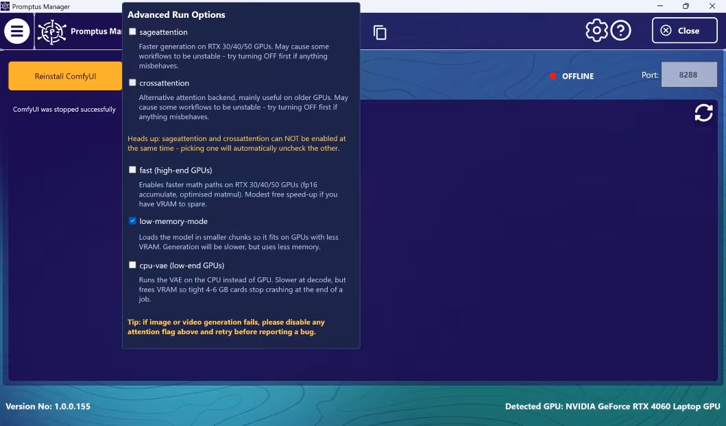 El panel Advanced Run Options de Promptus Manager muestra las opciones sageattention, crossattention, fast mode, low-memory-mode y cpu-vae, con la GPU portátil NVIDIA GeForce RTX 4060 detectada en la parte inferior de la pantalla