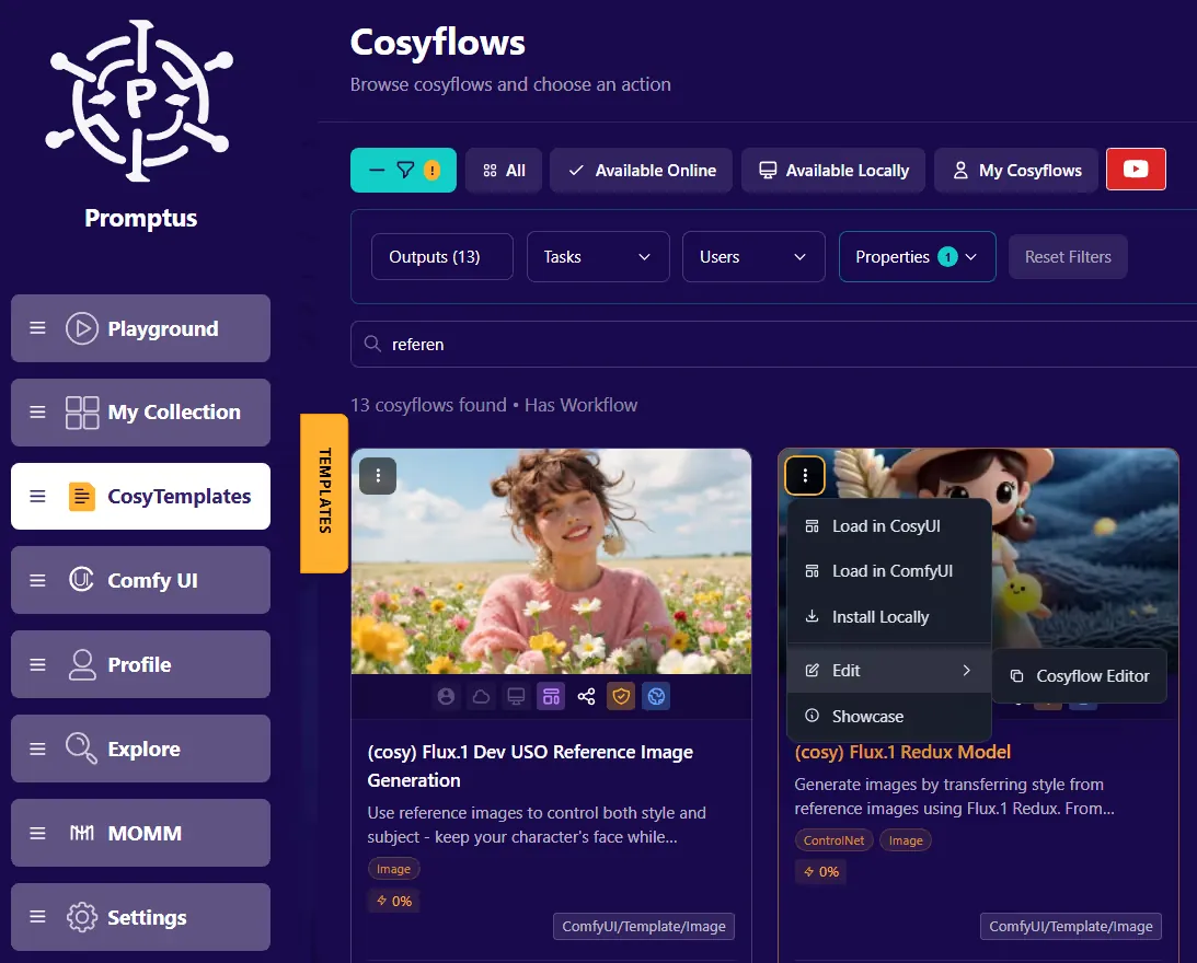 Promptus desktop app showing the CosyTemplates library of ready-to-run ComfyUI workflows