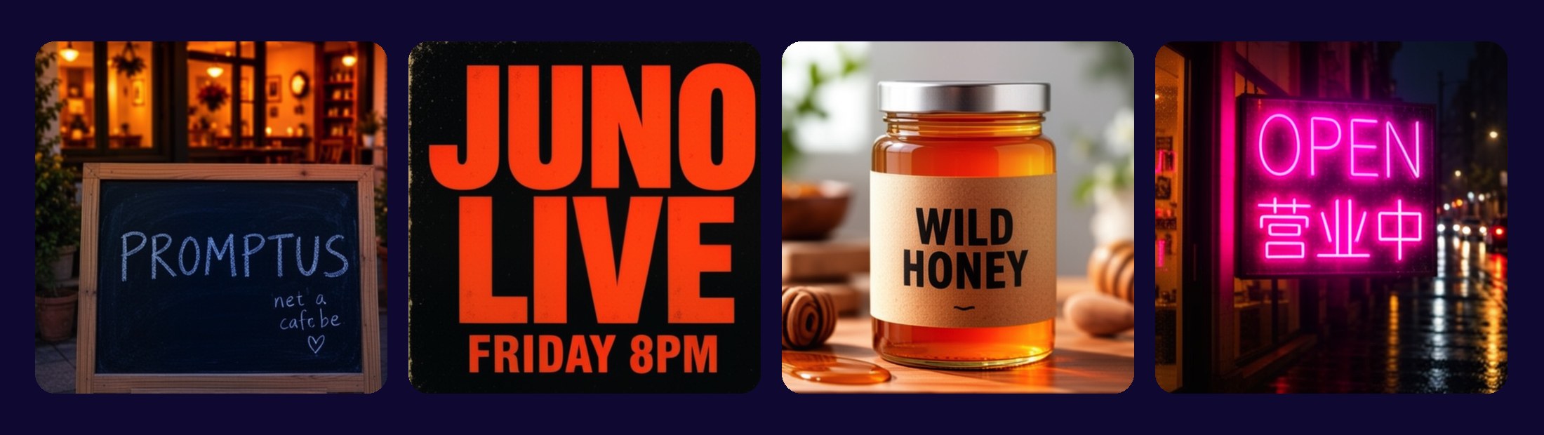 Four pictures made with MOSS-Image on an 8 GB MacBook: a chalkboard reading PROMPTUS, a JUNO LIVE gig poster, a WILD HONEY jar label and an OPEN neon sign in English and Chinese