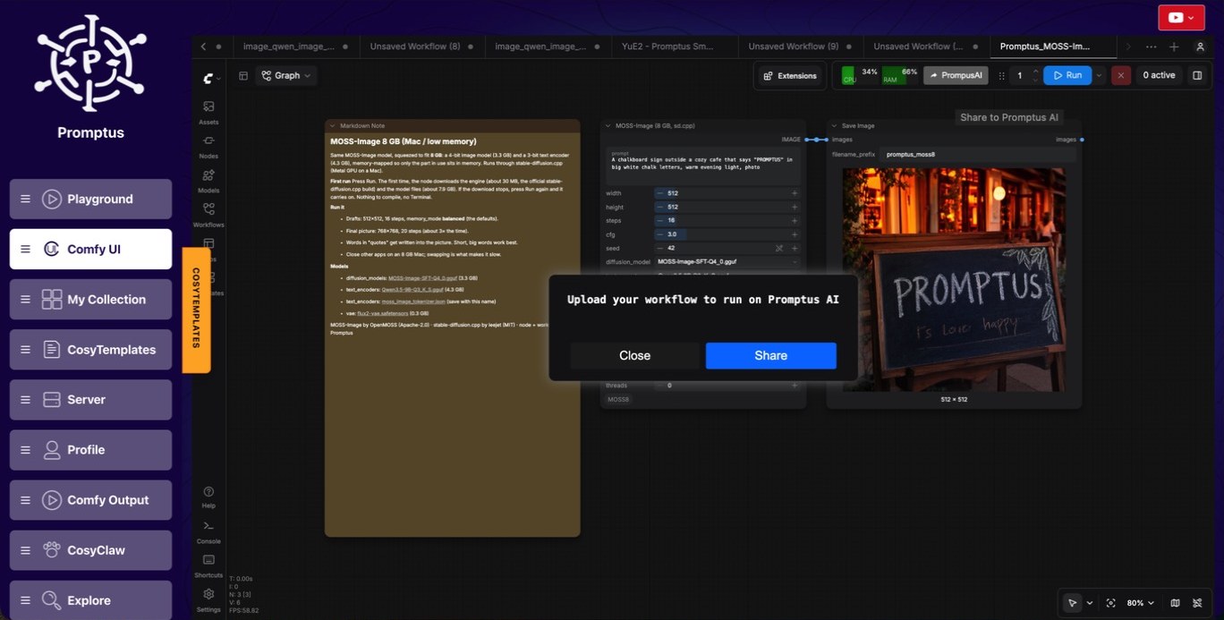 PromptusAI share dialog in ComfyUI inside Promptus