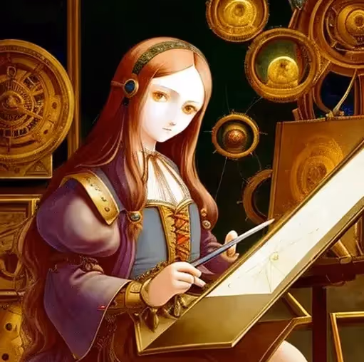 Leonardo da Vinci in Renaissance attire, painting on a glowing digital tablet in a steampunk studio with flying machines and robotic assistants, rendered in vibrant LoRA style