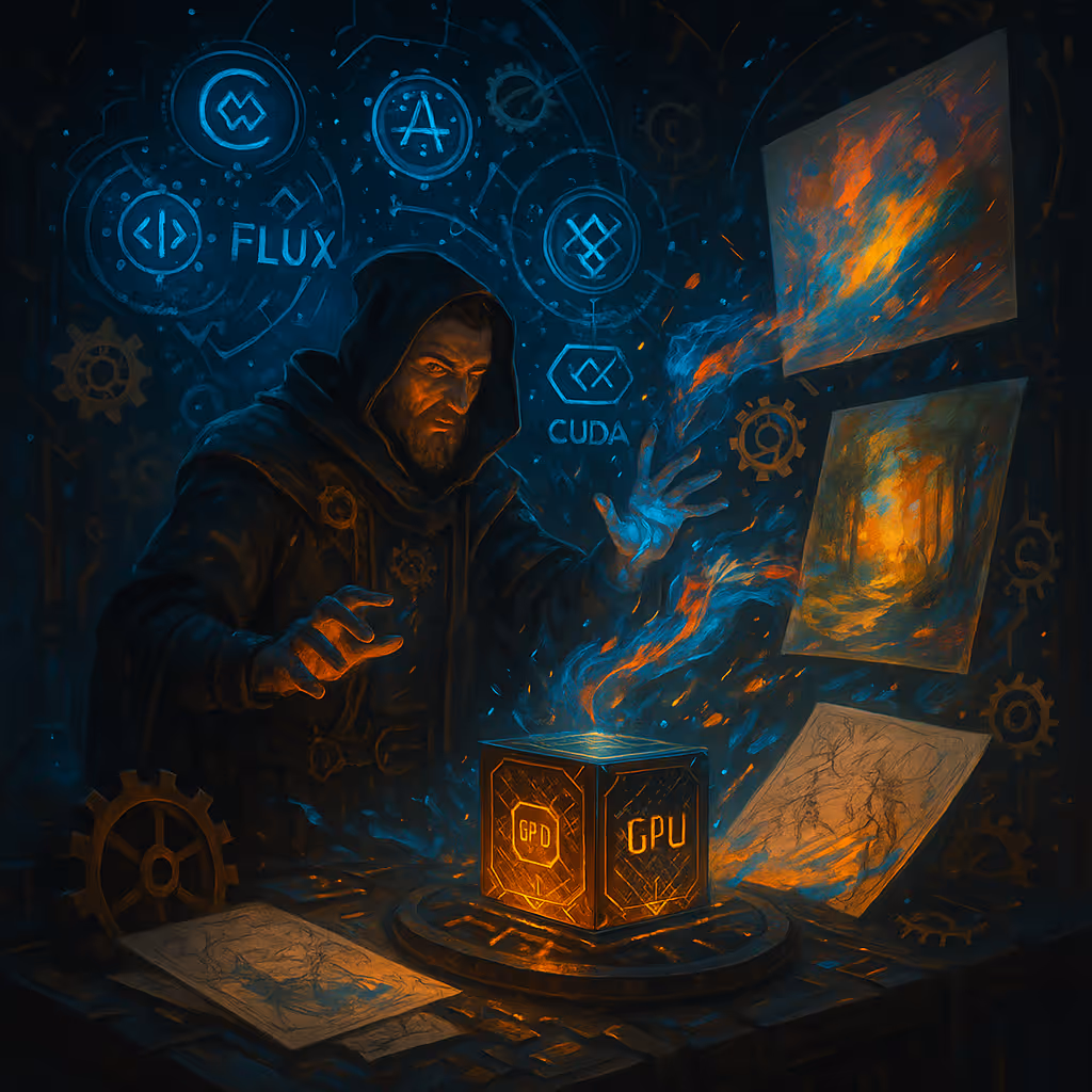 NVIDIA RTX 5090 graphics card installed in a computer system with ComfyUI interface displayed on monitor