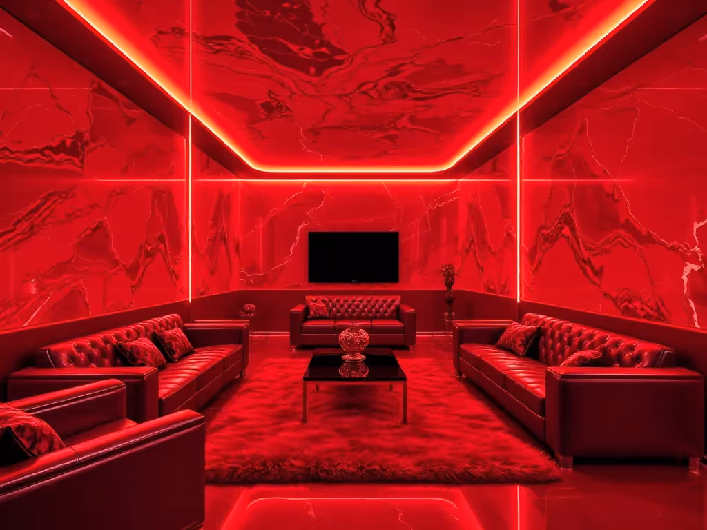 Monochrome rouges et textures brillantes avec accents métalliques : salon futuriste tout rouge, canapés cuir, tapis moelleux, murs marbre tourbillonnant et plafond rétroéclairé.