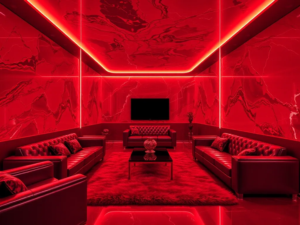 Monochrome rouges et textures brillantes avec accents métalliques : salon futuriste tout rouge, canapés cuir, tapis moelleux, murs marbre tourbillonnant et plafond rétroéclairé.