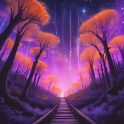 Interpreta el sueño y conviértelo en una obra maestra visual única que refleje las emociones vívidas, el simbolismo y las imágenes del sueño: caminando por un bosque pero los árboles estaban rojos.