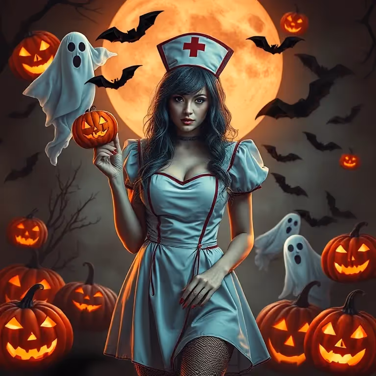 Imágenes con temática de Halloween con elementos espeluznantes como calabazas, fantasmas y murciélagos, que combinan una estética creativa y espeluznante para crear un ambiente de Halloween.