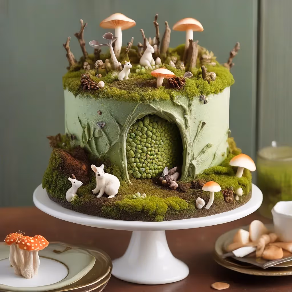 Un pastel de un solo nivel esculpido en una escena boscosa en miniatura: crema de mantequilla con textura de musgo, hongos hechos de merengue y pequeños bichos de pasta de azúcar que se asoman.