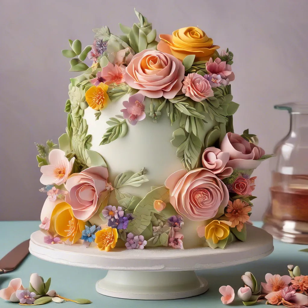 Floral-decorated celebration cake, covered in smooth fondant or buttercream and intricately adorned with hand-crafted sugar-paste flowers and foliage for a three-dimensional botanical effect. 