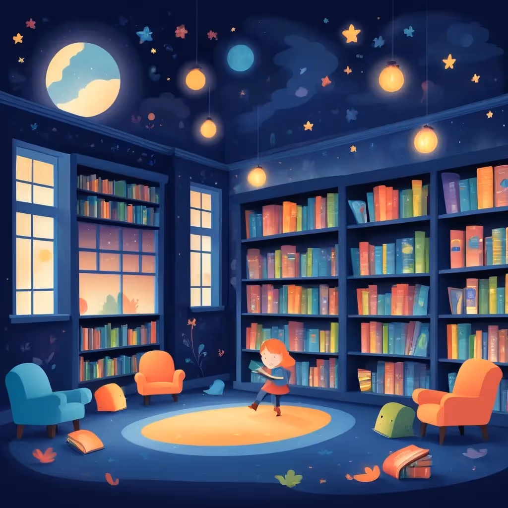Library in midnight illustration is soft, child-friendly, and inviting. Use bright colors, playful expressions, and smooth lines to evoke a warm, joyful atmosphere perfect for children's books.
