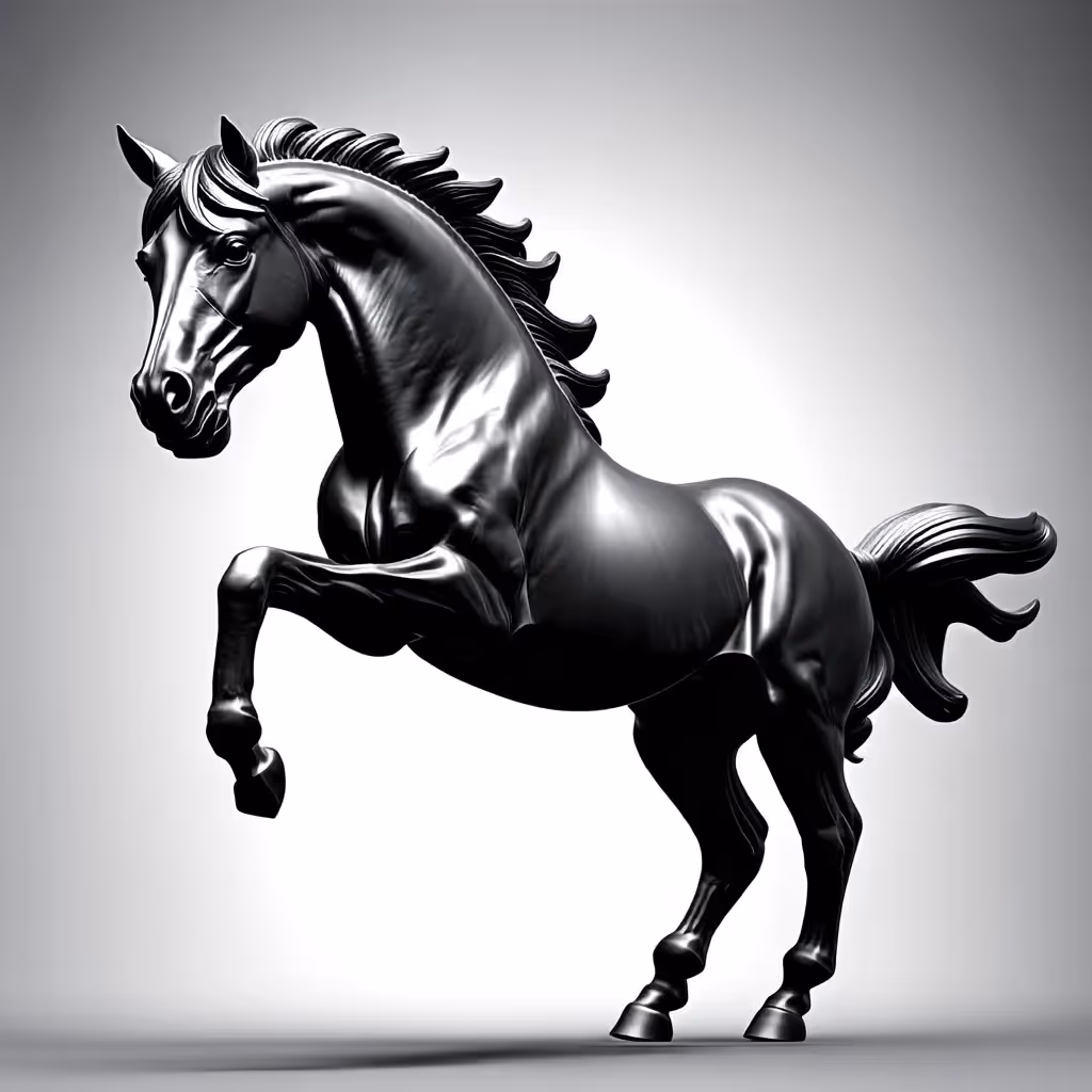 Sculpture 3D détaillée et réaliste d'un cheval en l'air utilisant des textures de marbre lisses, capturant les détails complexes des traits du visage et une posture dynamique.