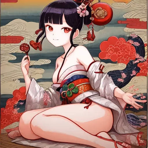 Dans le style de l'ukiyo-e japonais traditionnel allié à un charme illustratif moderne, créez une image basée sur : une femme à la plage.