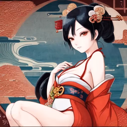 Dans le style de l'ukiyo-e japonais traditionnel allié à un charme illustratif moderne, créez une image basée sur : une femme à la plage.