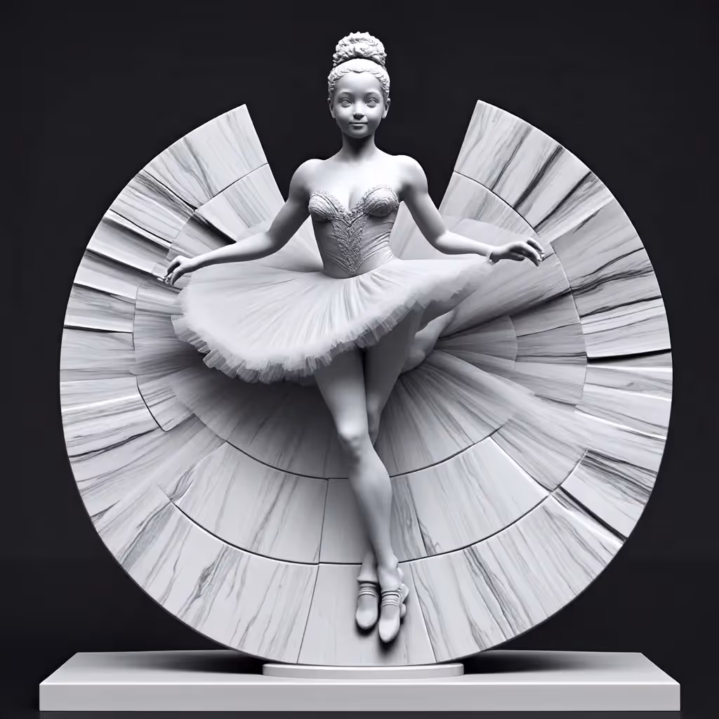 Sculpture détaillée d'une ballerine utilisant des textures de marbre lisses, capturant les détails complexes des traits du visage et une posture dynamique.