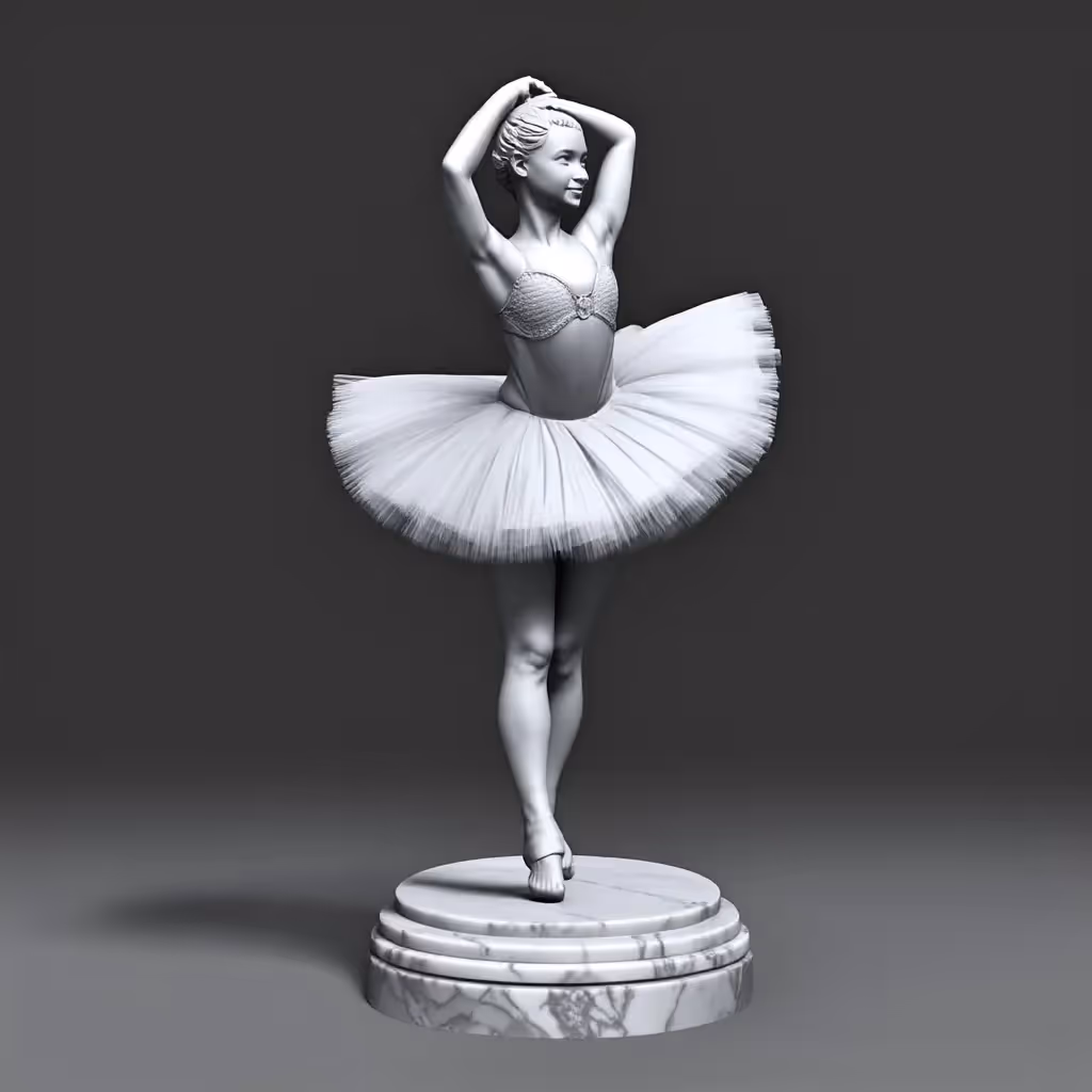 Sculpture 3D détaillée et réaliste d'une ballerine en tutu utilisant des textures de marbre lisses, capturant les détails complexes des traits du visage et une posture dynamique.