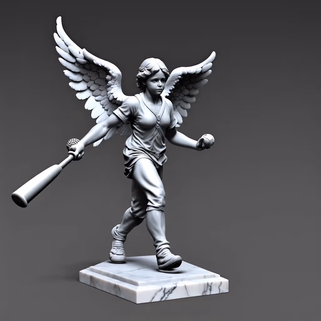 Sculpture 3D détaillée et réelle d'un ange avec une batte de baseball utilisant des textures de marbre lisses, capturant les détails complexes des traits du visage et une posture dynamique.