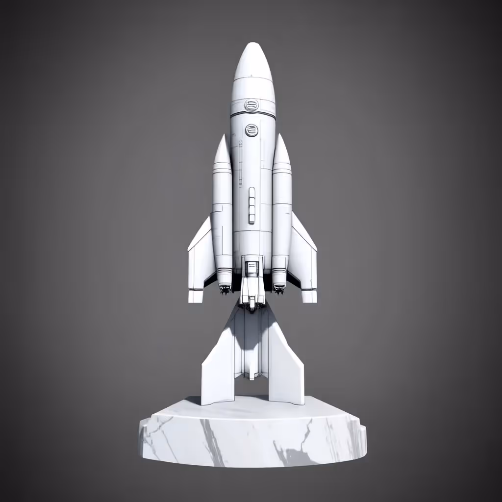 Sculpture détaillée et 3D d'une fusée en marbre blanc lisse, capturant une posture complexe et dynamique.