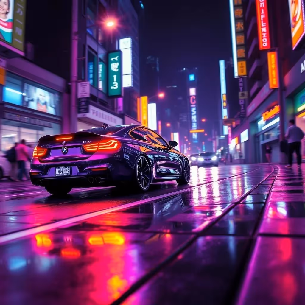 Con un estilo retrofuturista de neón con influencias del arte pop con ondas sintetizadoras, crea una imagen de: el elegante BMW M4 en movimient en una calle urbana iluminada con neones por la noche.