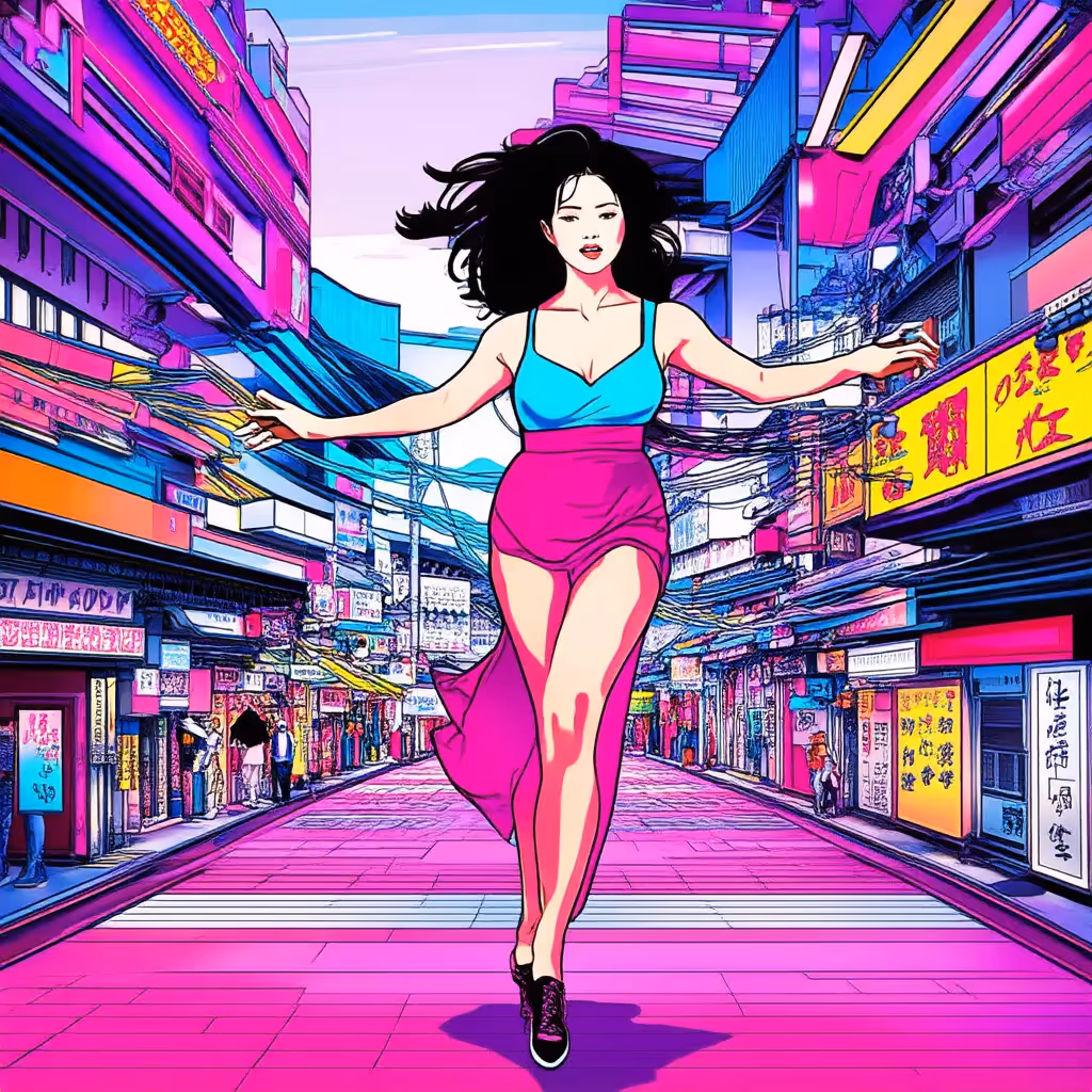 Con un estilo retrofuturista de neón con influencias del arte pop con ondas sintetizadoras, crea una imagen de: el elegante BMW M4 en movimient en una calle urbana iluminada con neones por la noche.