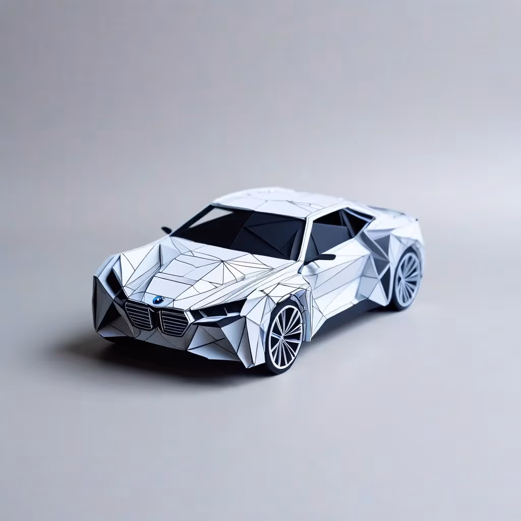In the style of realism, create a simple paper origami art based on: bmw car with intricate geometric patterns.