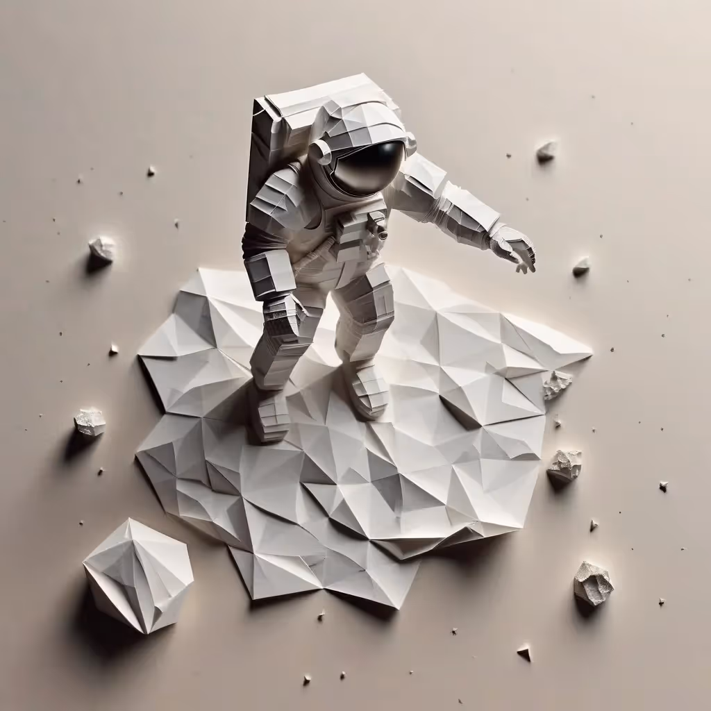 In the style of realism, create a simple paper origami art based on astronaut taking first step on the lunar surface, Earthrise in the background, grainy film texture with intricate geometric