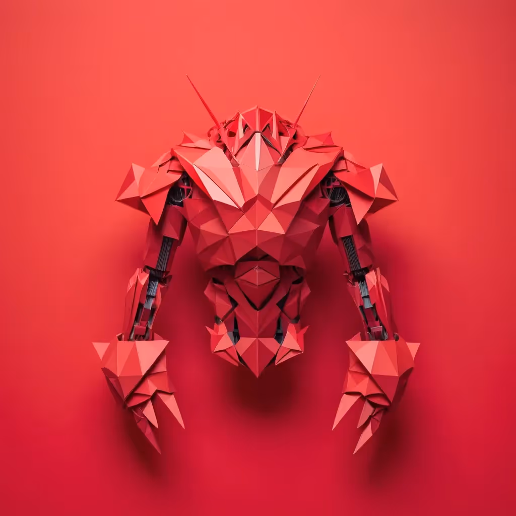 In the style of realism, create a simple red paper origami art based a robot with intricate geometric patterns.