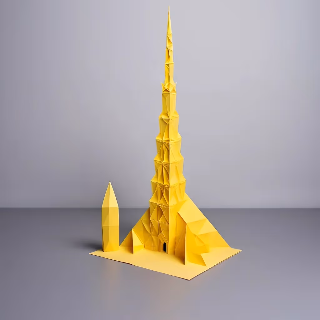 In the style of realism, create a simple yellow paper origami art based a burj khalifa building with intricate geometric patterns.