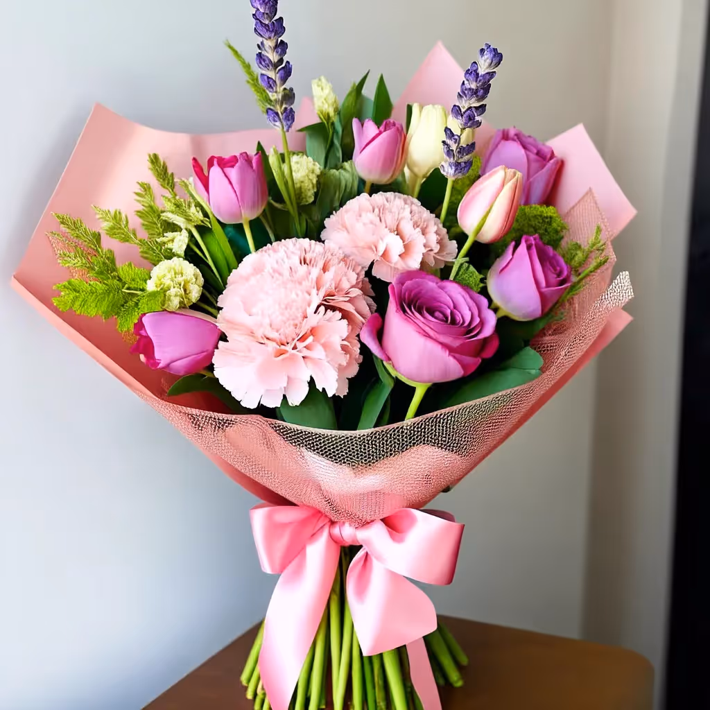 A soft, romantic hand-tied bouquet blending French lavender sprigs, freshly cut mint, blush garden roses, pale lisianthus, and white veronica.