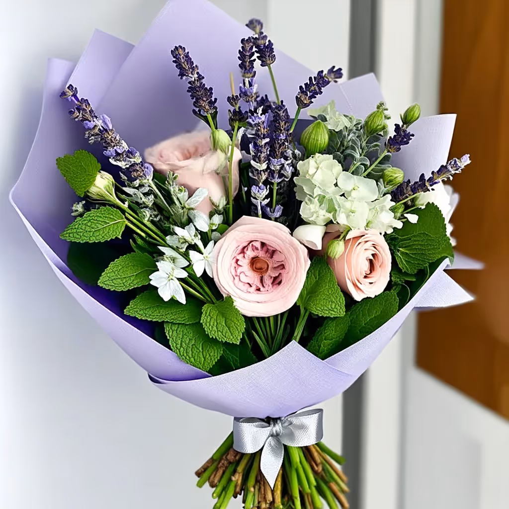 A soft, romantic hand-tied bouquet blending French lavender sprigs, freshly cut mint, blush garden roses, pale lisianthus, and white veronica.