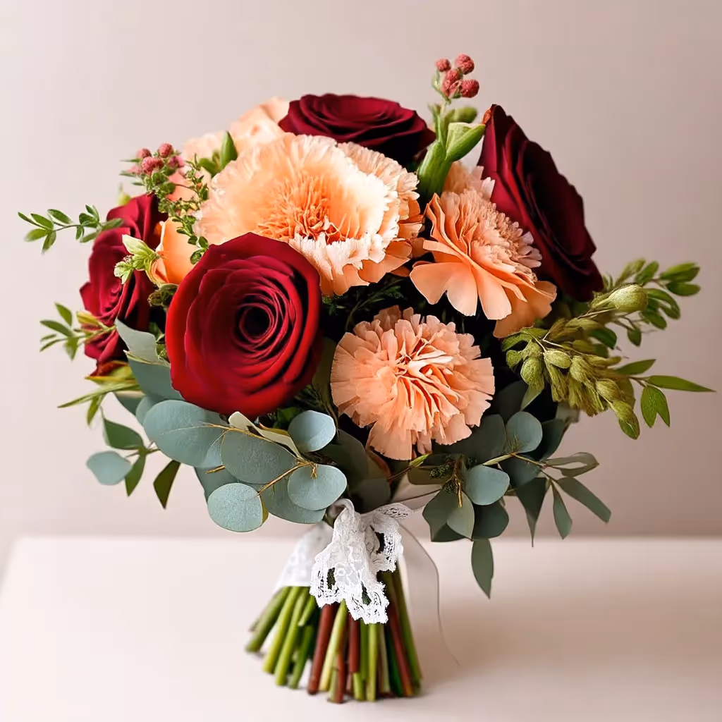 Assemble a vintage-inspired bouquet with deep red roses, peach carnations, and styled in antique tones with lace ribbon and eucalyptus accents.