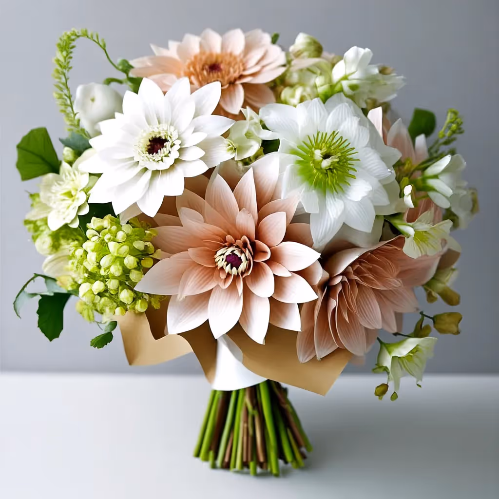 Craft a soft garden-style bouquet with cafe au lait dahlias, white anemones, blush hellebores, and jasmine vine, loosely gathered in cream paper with gold wax-sealed parchment.