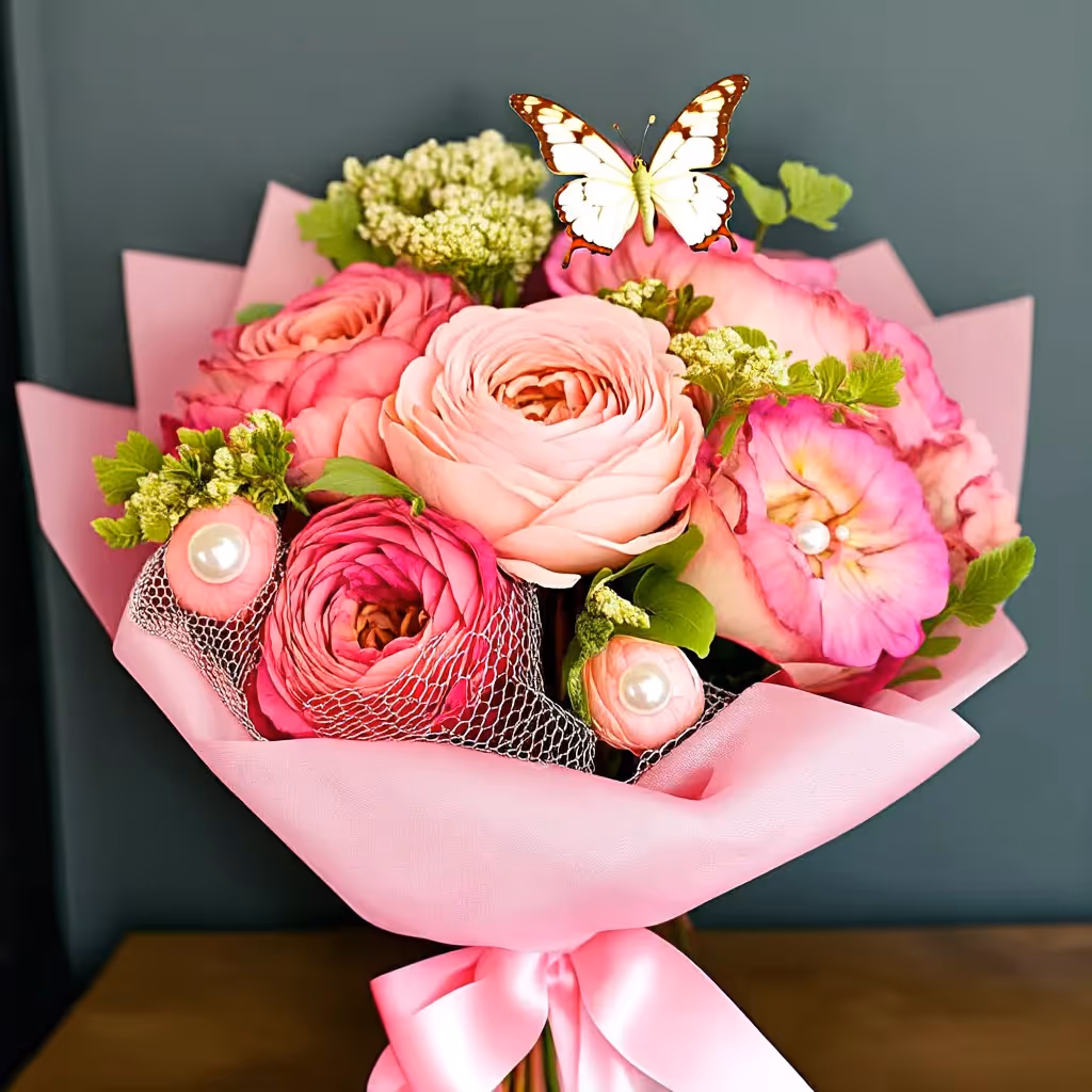 Create a lavish bouquet of Juliet garden roses, pink hydrangeas, and butterfly ranunculus, wrapped in silk and gold mesh with pearl pins for an ultra-luxury Valentine's display.