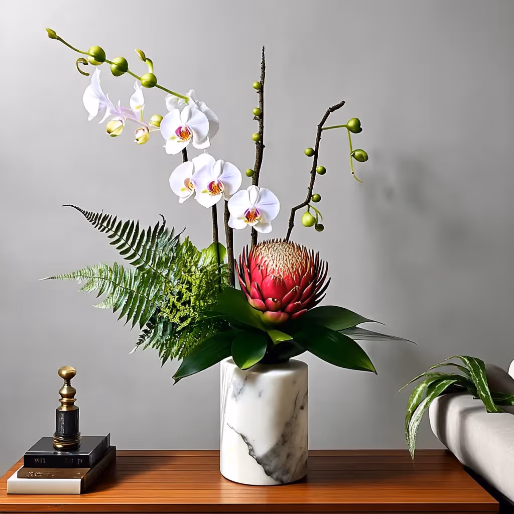 Design a modern showpiece with Shenzhen Nongke orchids, king protea, and bleached fern, presented in a custom marble vase with luxe minimalism and soft ambient lighting.
