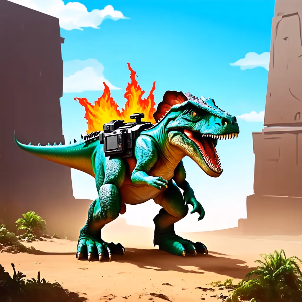 Create a scene of a dinosaur adventurer equipped with high-tech gear and weapons, exploring an exotic sci-fi world.