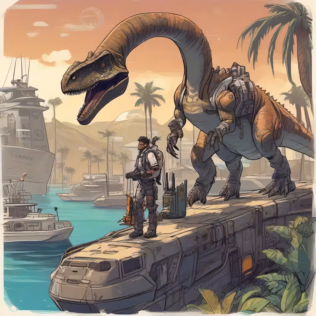 Dinosaur adventurer equipped with high-tech gear and weapons, exploring an exotic sci-fi world on a port by Mediterranean sea buying fish.